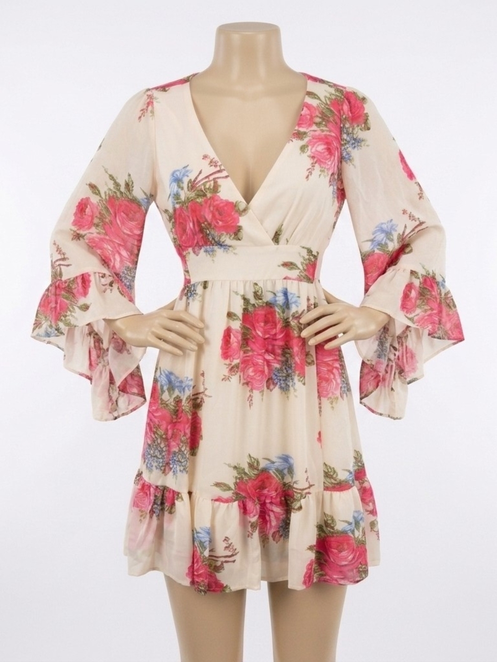 NWT Betsey Johnson Floral Mini Dress Bell Sleeve Ruffle Cream Pink Rose Flaw 8